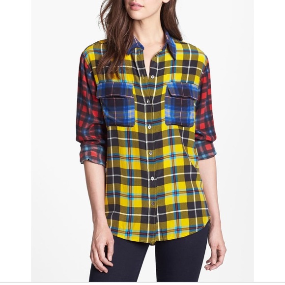 Equipment Tops - Equipment “signature” plaid patchwork silk shirt S